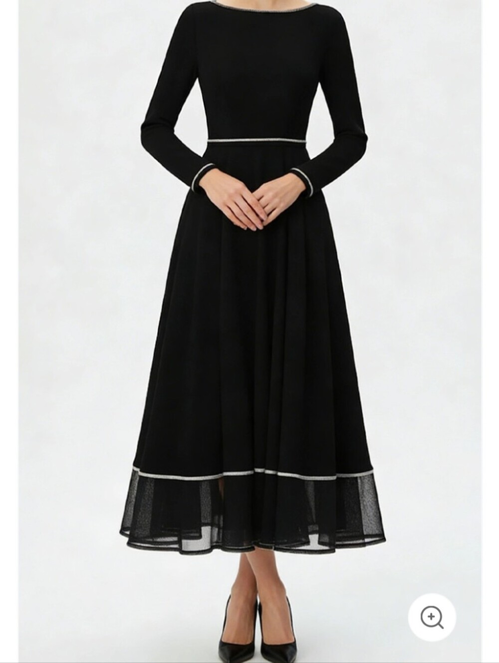 Mooyius Long Sleeve Contrast Trim Midi Dress With Flared Skirt Size Large NWT - Picture 4 of 12